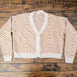 Debut Checkered Cropped Cardigan V-Neck Knit Sweater Women's Size Large